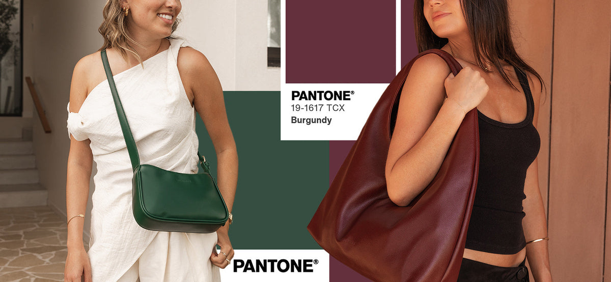 Forest Green Pantone Swatch and handbag on left, Burgundy Pantone Swatch and Burgundy Handbag on right