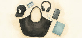 Flatlay illustration of Louenhide Black Bag with cap, credit card, headphones, iphone and journal