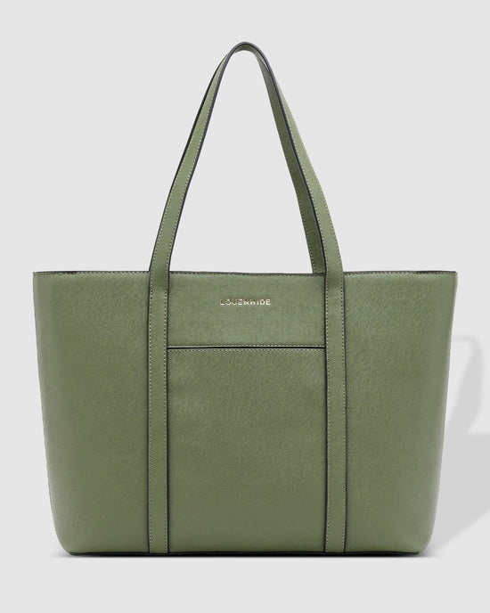 Louenhide Malibu Laptop Bag in sage green vegan leather - front view