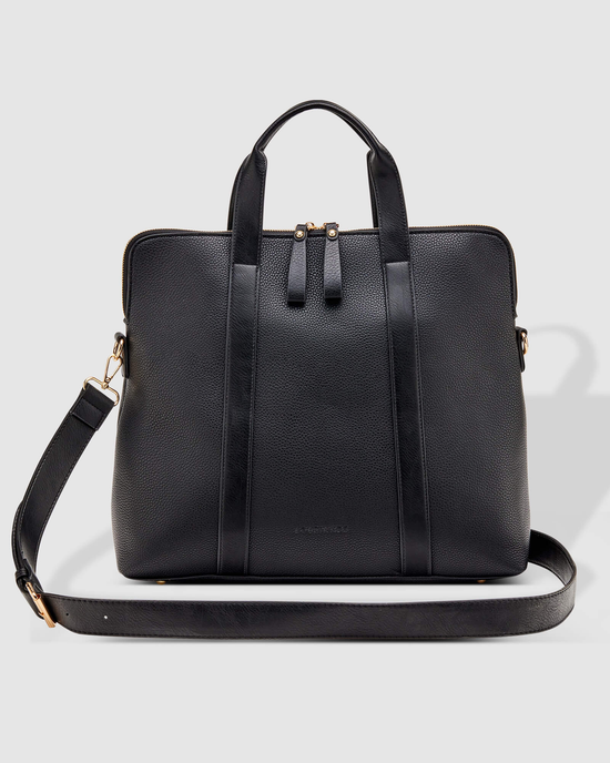 Louenhide Rhodes Laptop Bag in black vegan leather - front view with crossbody strap