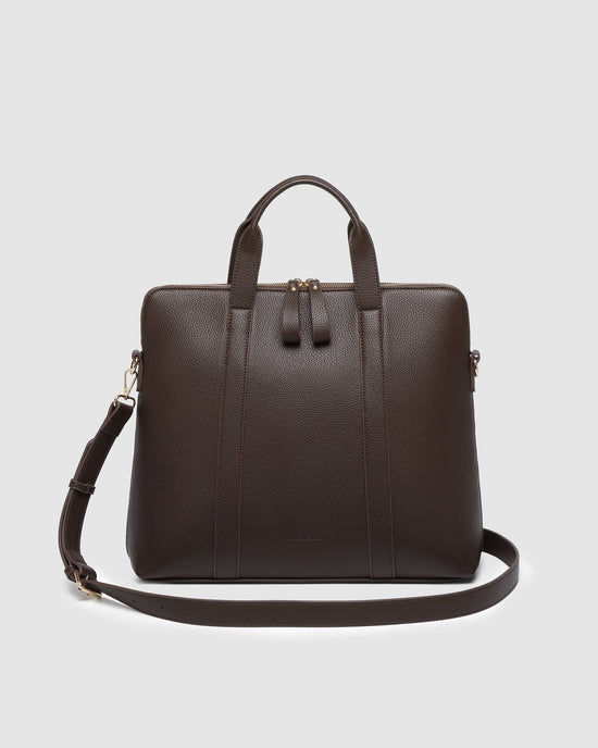 Louenhide Rhodes Laptop Bag in chocolate vegan leather - front view with crossbody strap