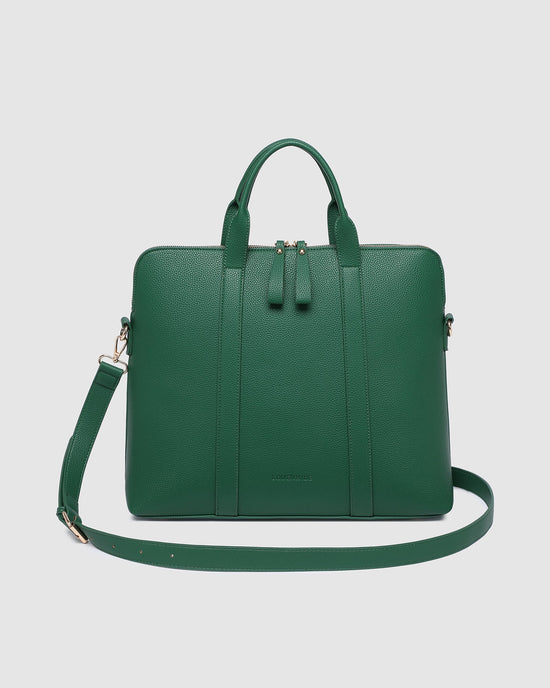 Louenhide Rhodes Laptop Bag in green vegan leather - front view with crossbody strap