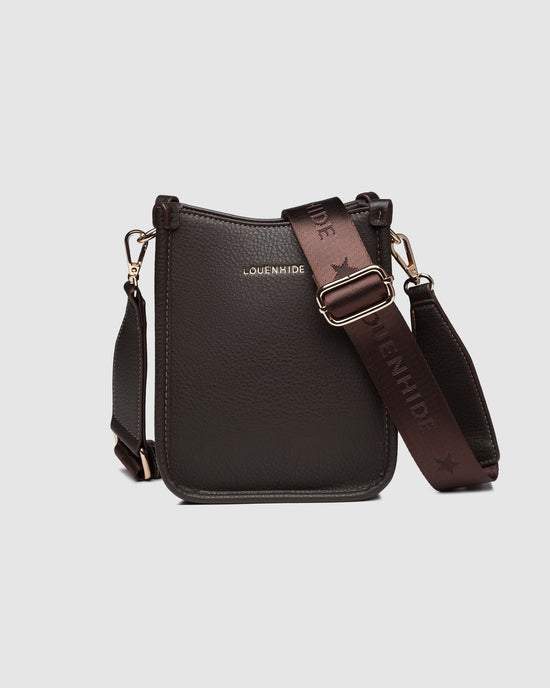Louenhide Parker Crossbody Phone Bag in chocolate vegan leather - front view