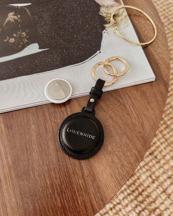 Louenhide Opal AirTag Keychain in Black Vegan Leather - travel organisation essential
