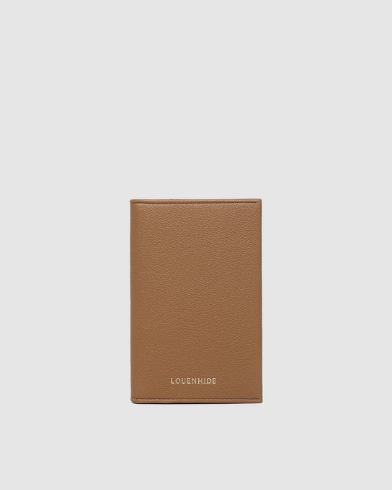 Louenhide vegan leather toffee Venice passport holder travel wallet front view