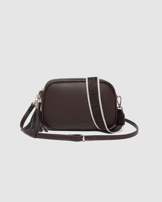 Louenhide Jacinta Crossbody Bag in Brown Vegan Leather on Grey Background