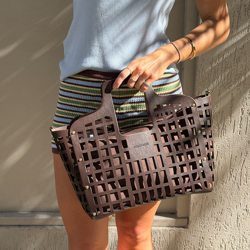 Louenhide Montego Tote Bag with chocolate lattice detailing styled with blue cotton and stripes