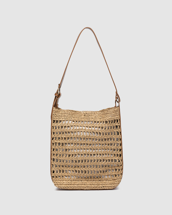 Louenhide Louisa Shoulder Bag in natural raffia with vegan leather strap - front view