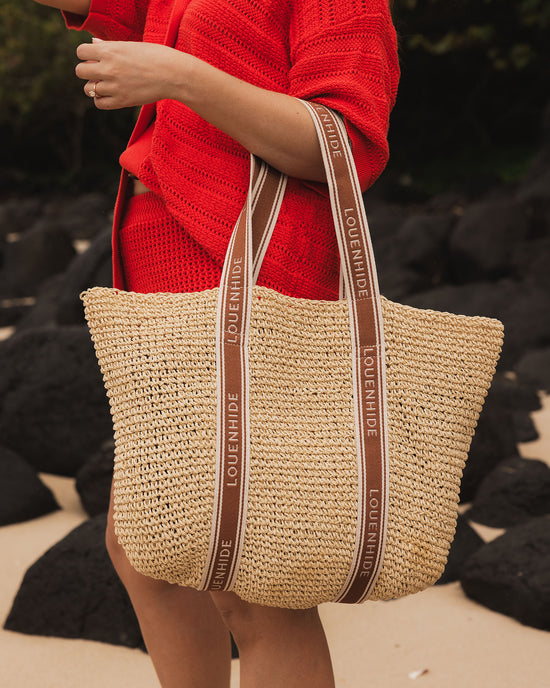 Louenhide Bali Beach bag in natural raffia paired with red knitted set