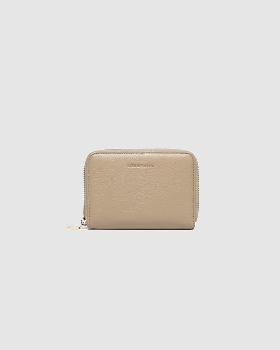 The Eden Wallet - Malt is a beige vegan leather wallet with a textured finish, gold zipper, and LOUENHIDE embossed in gold on the front, shown against a plain light gray background.