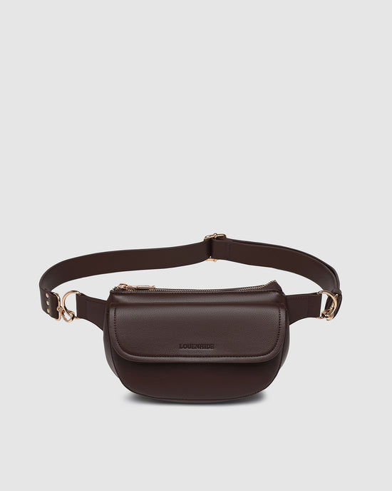 Louenhide vegan leather chocolate Lola belt bag front view