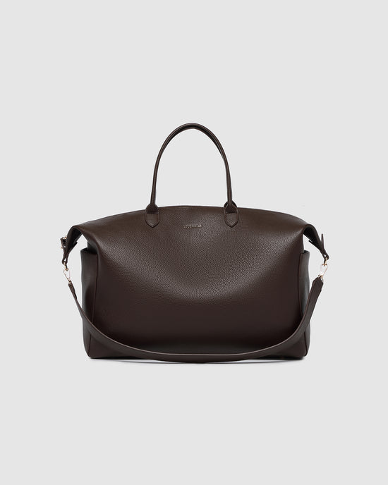 Louenhide Ohio Duffel Bag in Brown Vegan Leather on Grey Background